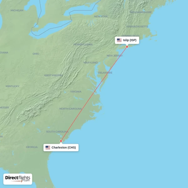 Charleston - Islip direct flight map