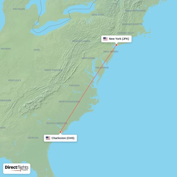 Charleston - New York direct flight map