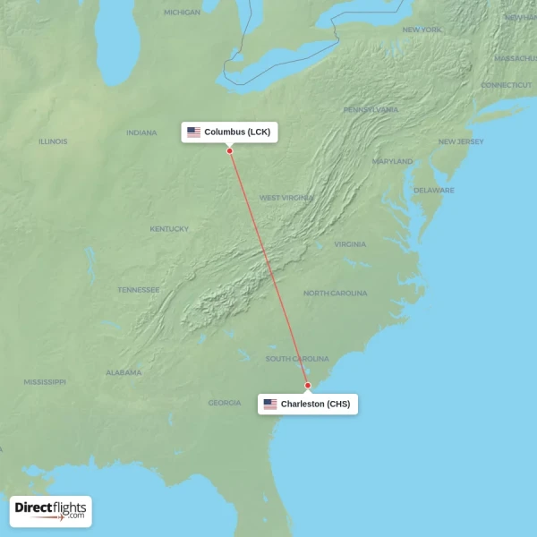 Charleston - Columbus direct flight map