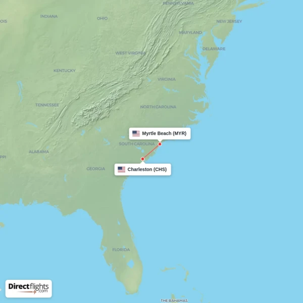 Charleston - Myrtle Beach direct flight map