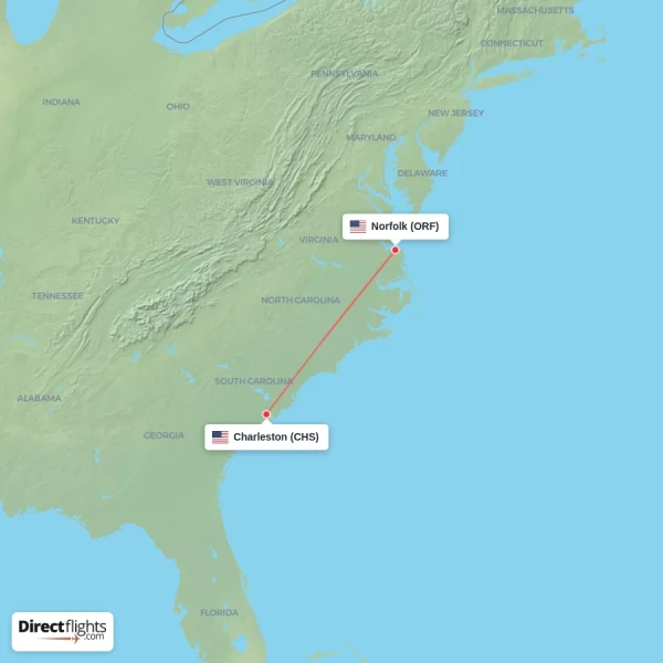 Charleston - Norfolk direct flight map