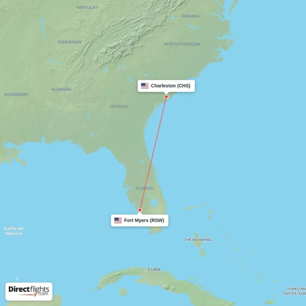 Charleston - Fort Myers direct flight map