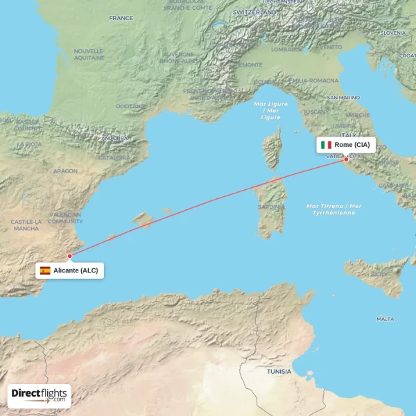 Rome - Alicante direct flight map