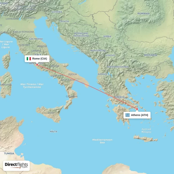 Rome - Athens direct flight map