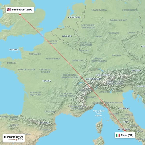 Rome - Birmingham direct flight map