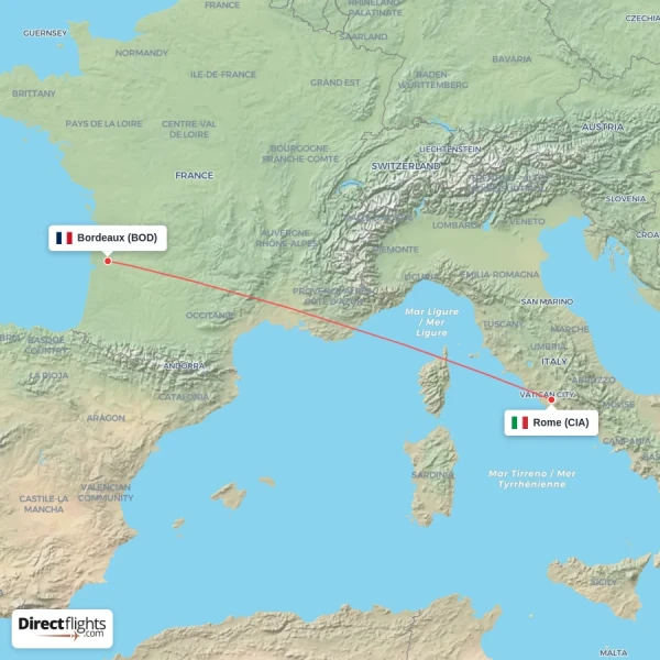 Rome - Bordeaux direct flight map