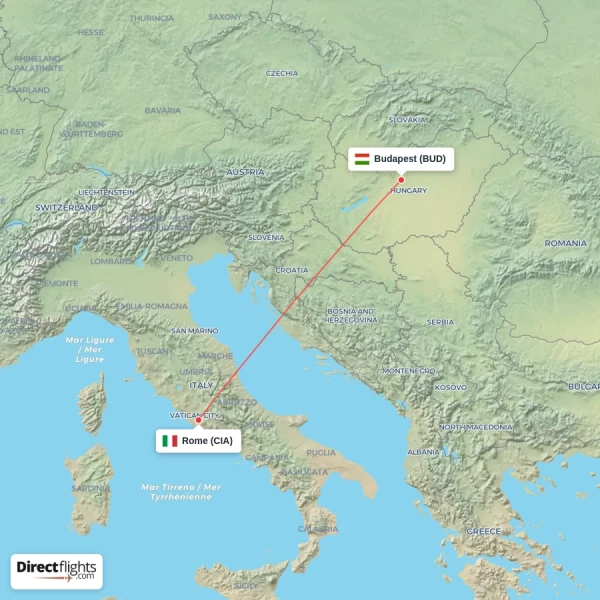 Rome - Budapest direct flight map