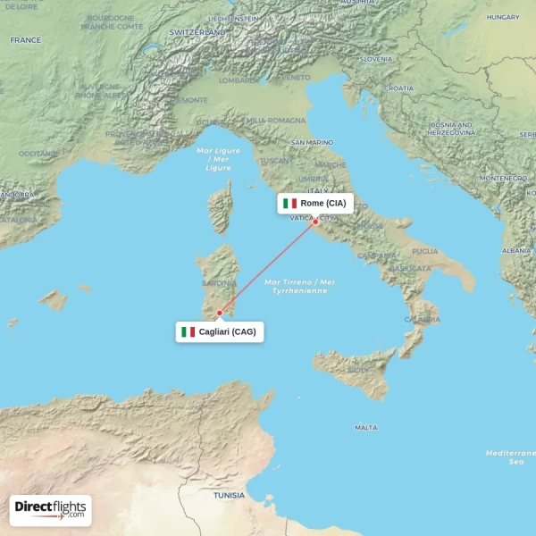 Rome - Cagliari direct flight map