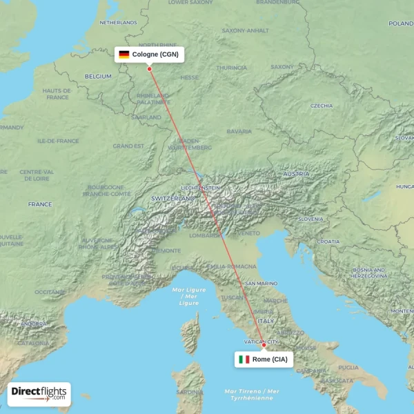 Rome - Cologne direct flight map