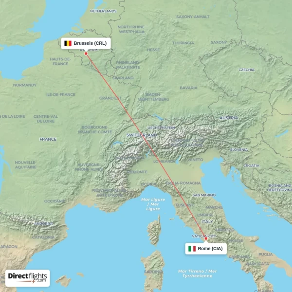 Rome - Brussels direct flight map