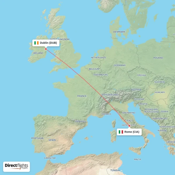 Rome - Dublin direct flight map