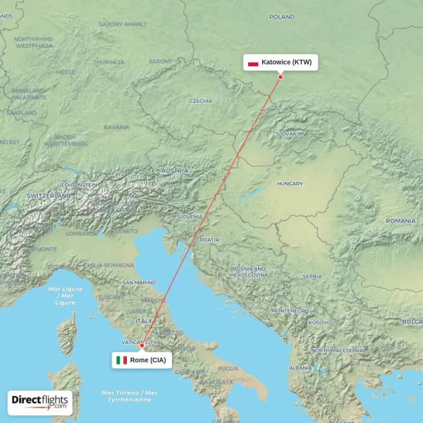 Rome - Katowice direct flight map