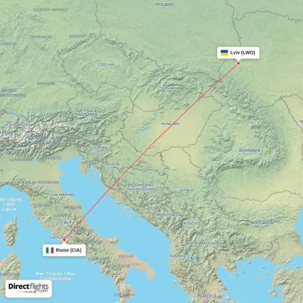 Rome - Lviv direct flight map