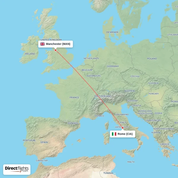 Rome - Manchester direct flight map