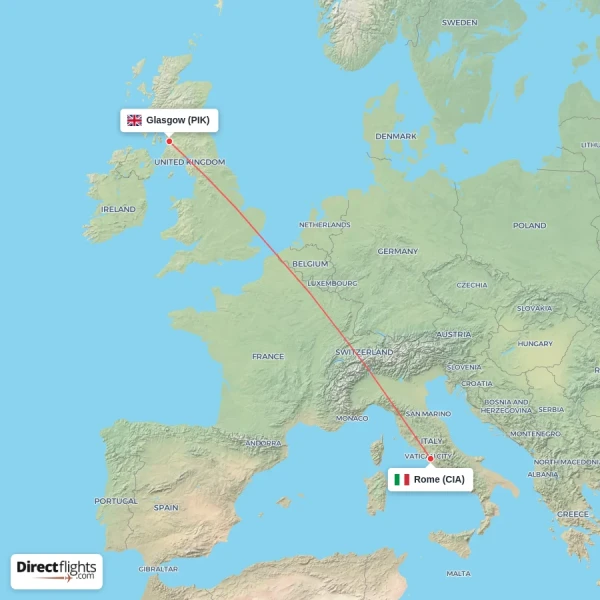 Rome - Glasgow direct flight map