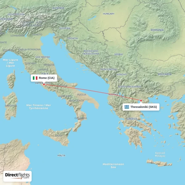 Rome - Thessaloniki direct flight map