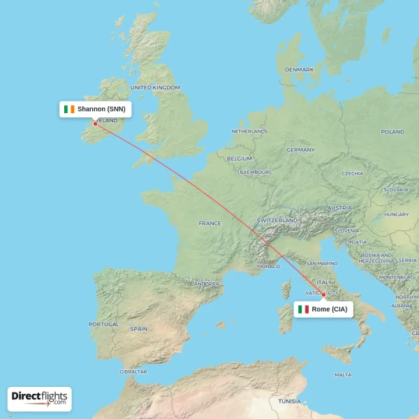 Rome - Shannon direct flight map