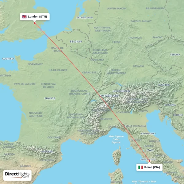 Rome - London direct flight map