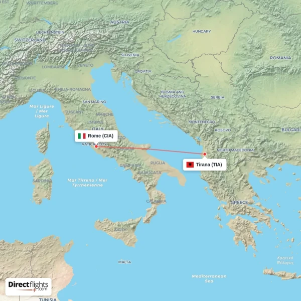 Rome - Tirana direct flight map