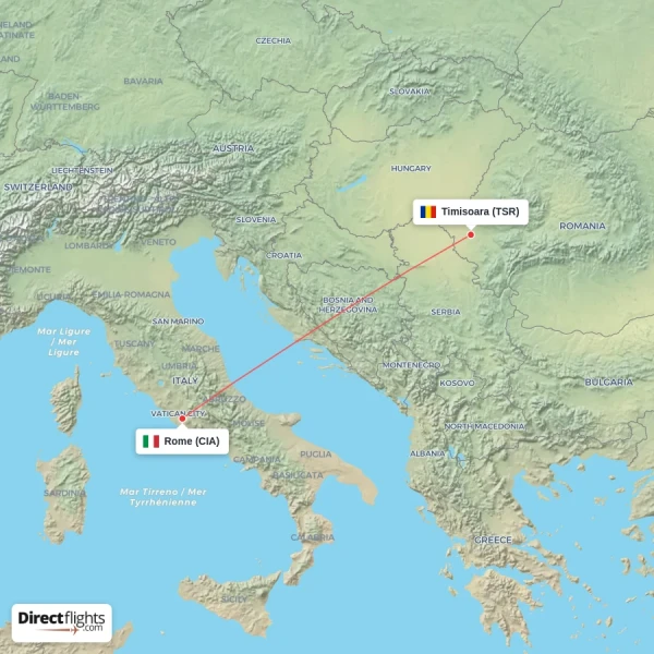 Rome - Timisoara direct flight map