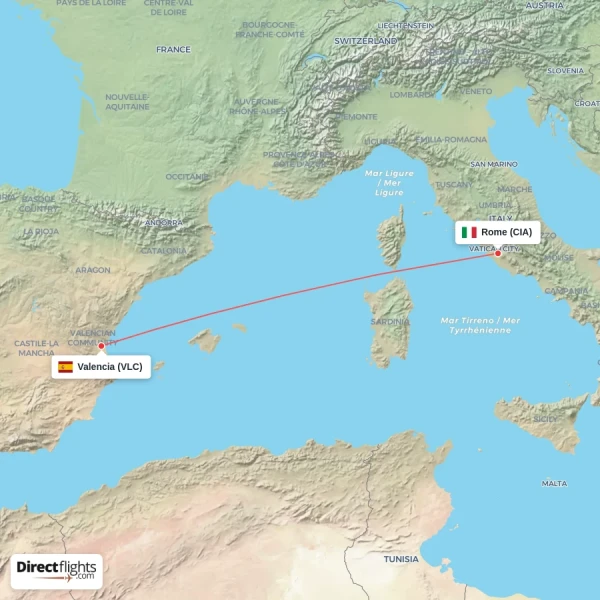 Rome - Valencia direct flight map