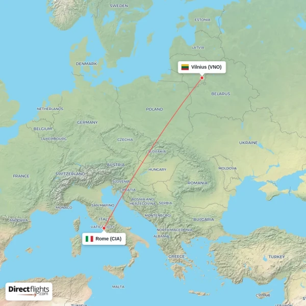Rome - Vilnius direct flight map