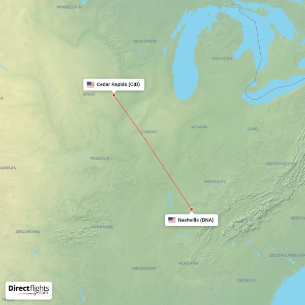 Cedar Rapids - Nashville direct flight map