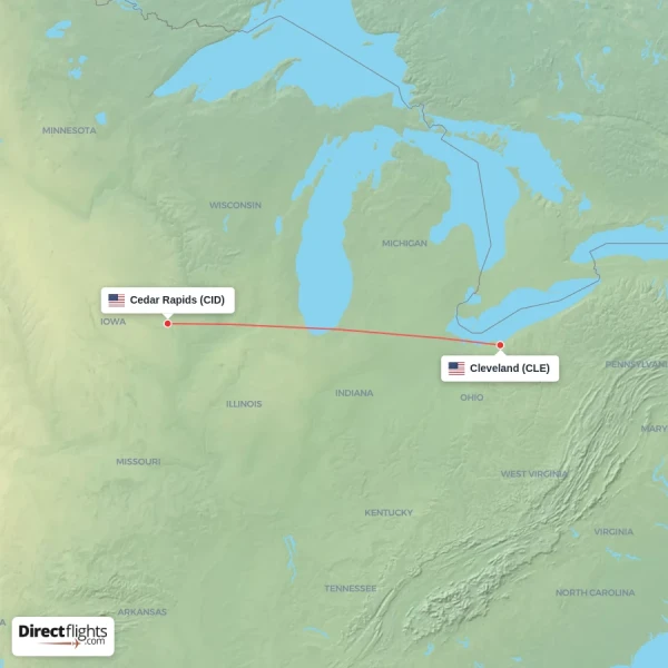Cedar Rapids - Cleveland direct flight map