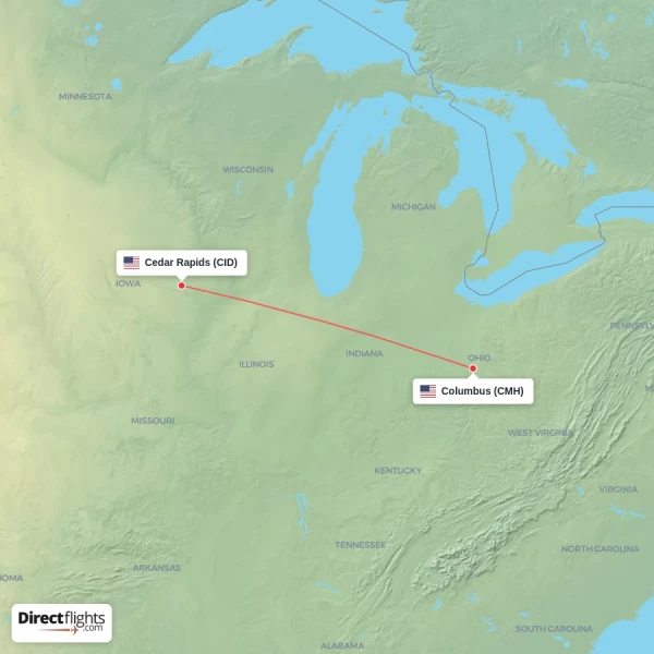 Cedar Rapids - Columbus direct flight map