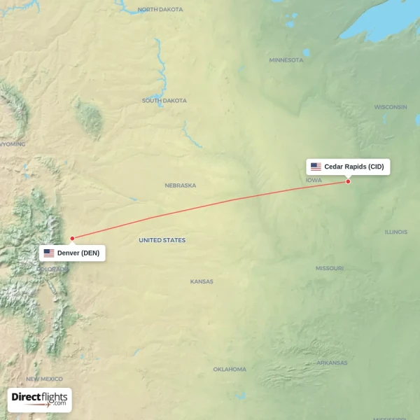 Cedar Rapids - Denver direct flight map