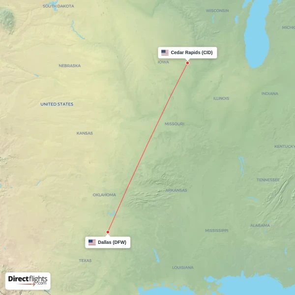 Cedar Rapids - Dallas direct flight map