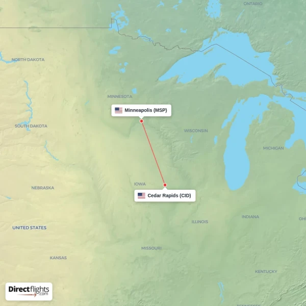 Cedar Rapids - Minneapolis direct flight map