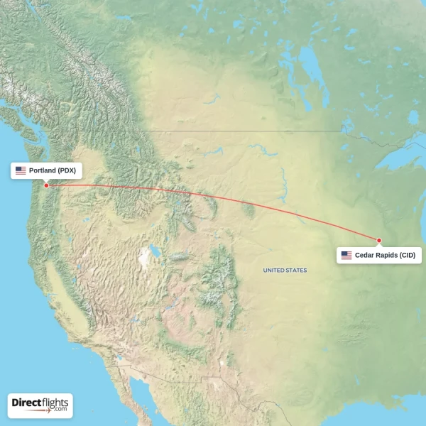 Cedar Rapids - Portland direct flight map