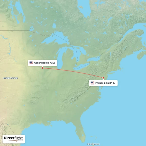 Cedar Rapids - Philadelphia direct flight map