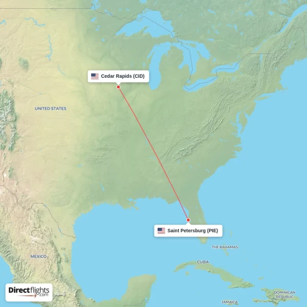 Cedar Rapids - Saint Petersburg direct flight map