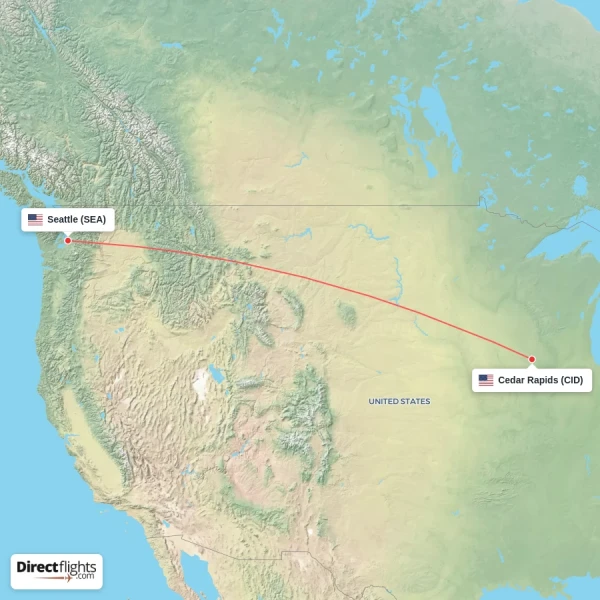 Cedar Rapids - Seattle direct flight map