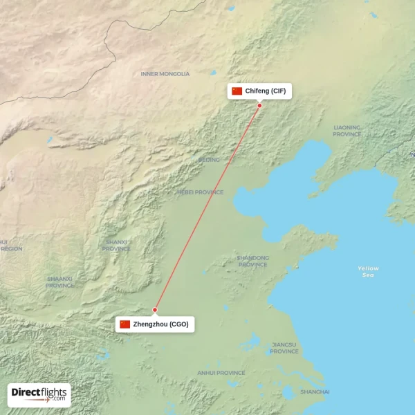 Chifeng - Zhengzhou direct flight map