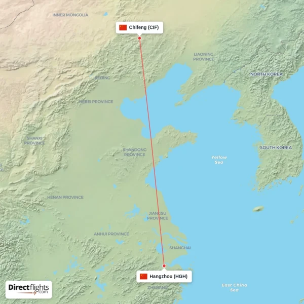 Chifeng - Hangzhou direct flight map