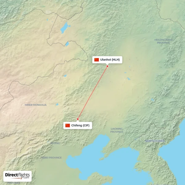 Chifeng - Ulanhot direct flight map