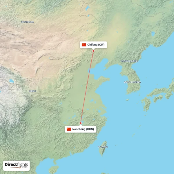 Chifeng - Nanchang direct flight map
