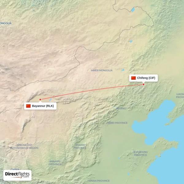 Chifeng - Bayannur direct flight map