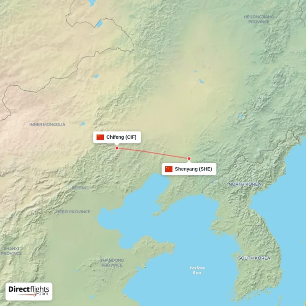 Chifeng - Shenyang direct flight map