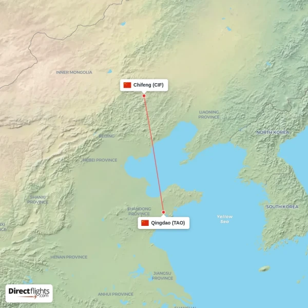 Chifeng - Qingdao direct flight map