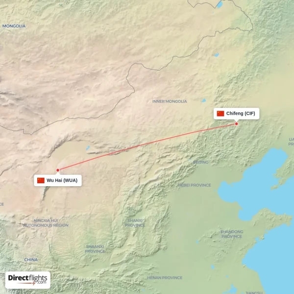 Chifeng - Wu Hai direct flight map