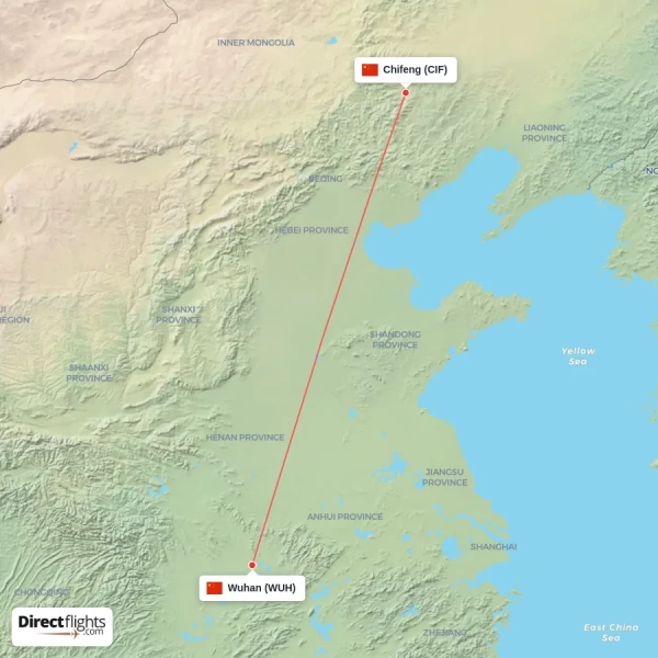 Chifeng - Wuhan direct flight map