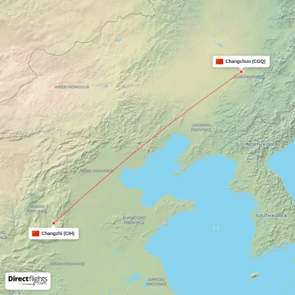 Changzhi - Changchun direct flight map