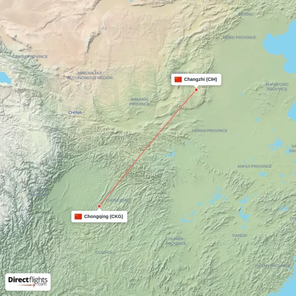 Changzhi - Chongqing direct flight map