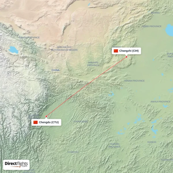 Changzhi - Chengdu direct flight map