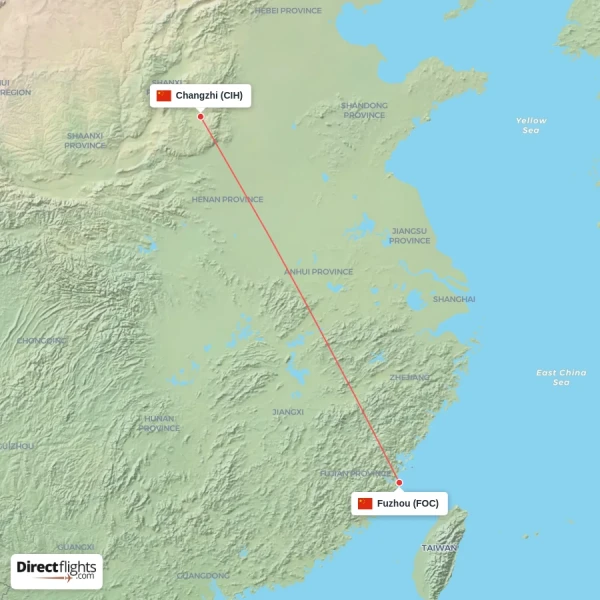 Changzhi - Fuzhou direct flight map