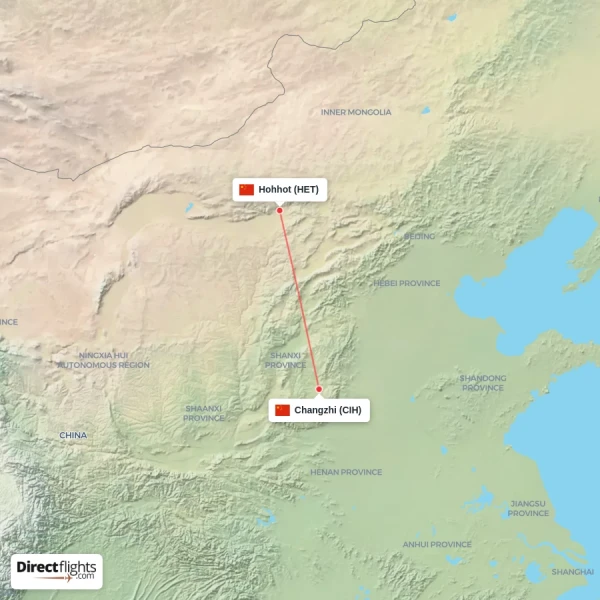 Changzhi - Hohhot direct flight map